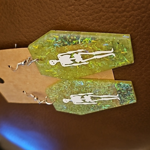 3/$20 Glow in the Dark Metallic Neon Resin Skelton Coffin Gasparilla Earrings - Picture 3 of 3